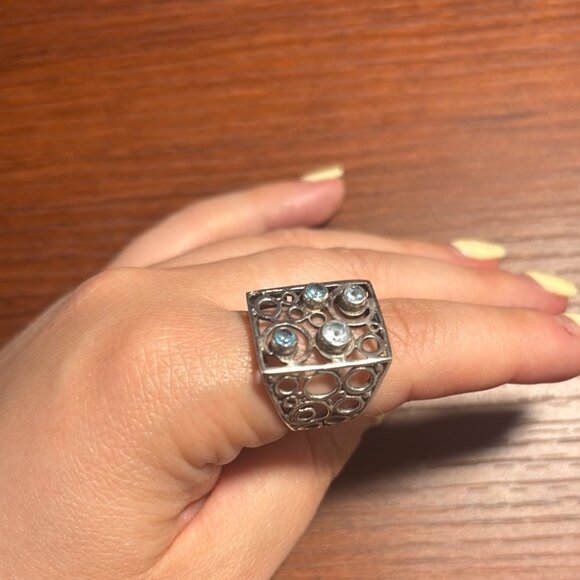 Sterling Silver 925 Stamped Geometric Blue Stone Ring - Picture 1 of 9